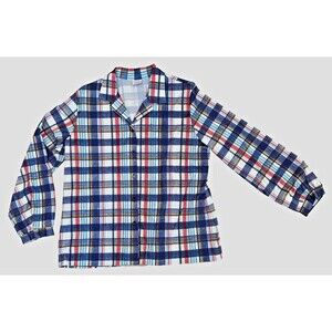 Vintage 70s Lady Graff Plaid Shirt Womens M Blue Red Button Front Retro Top Mod